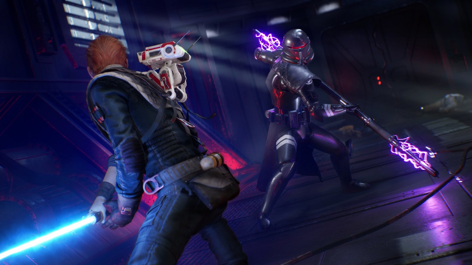 Cal Kestis with his lightsaber, standing ready to engage in a fight with a Purge Trooper holding an electrostaff.