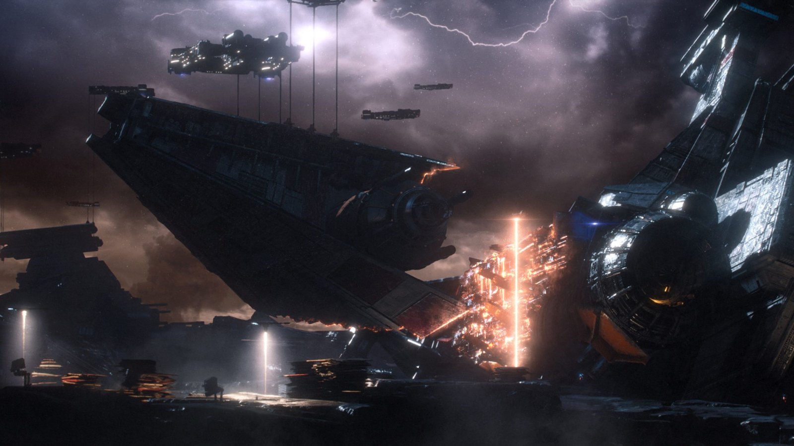 A landscape shot of the scrapping planet, Bracca. A decommissioned star cruiser ship can be seen in the distance being taken apart.