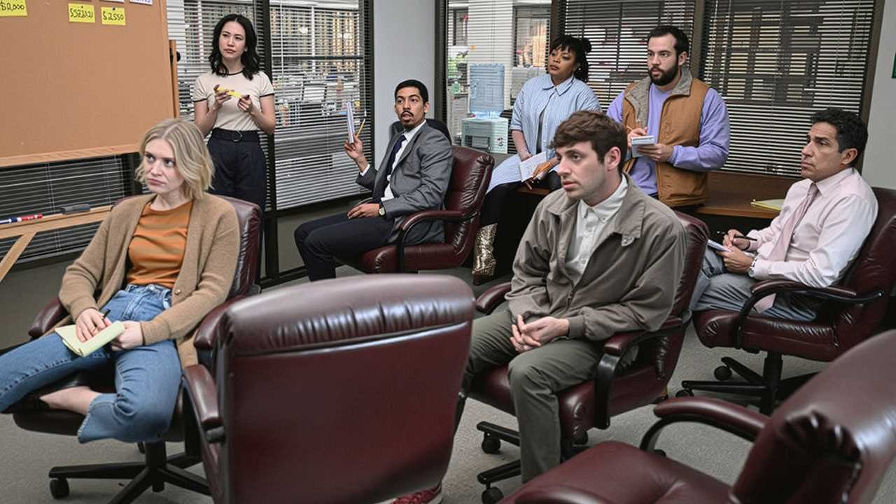 The Toledo Truth-Teller staff listening to someone in a staff meeting in The Paper season 1 YT